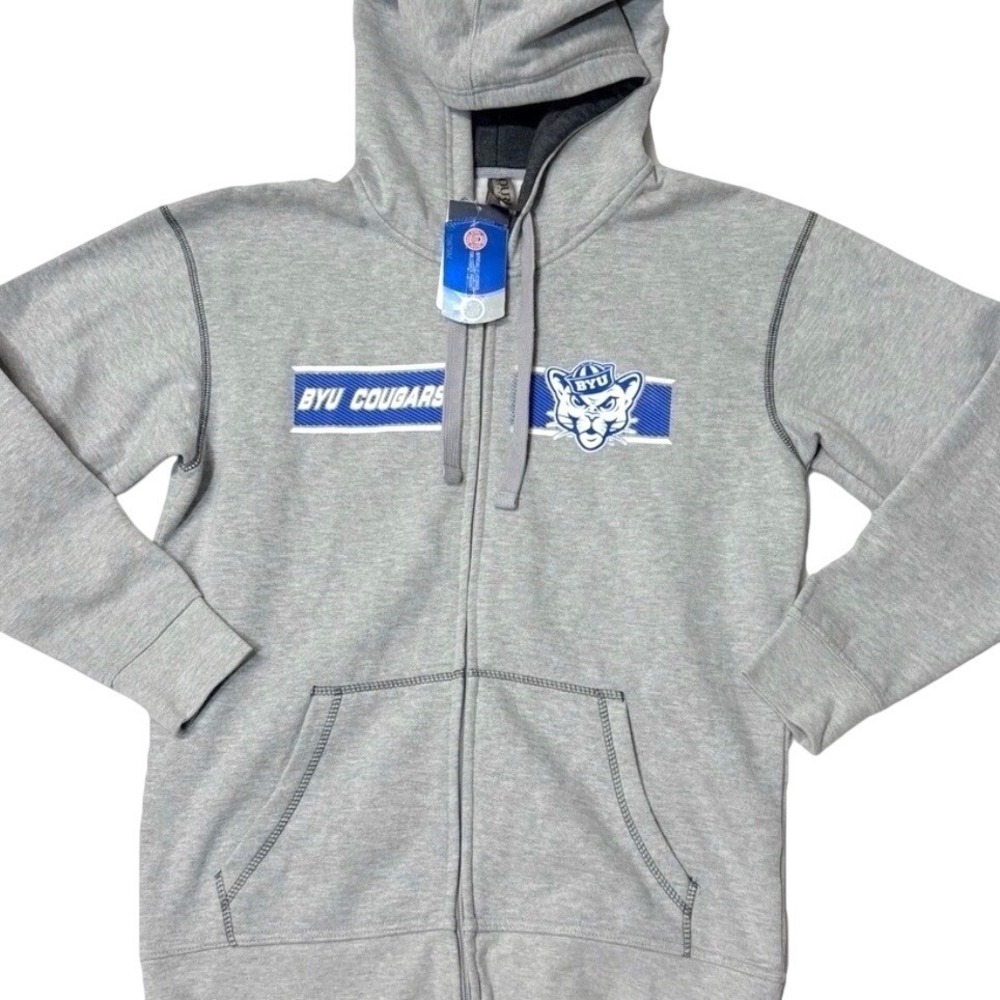 NWT BYU Cougars Zip Up Hoodie Mens Small Gray NCAA Sweatshirt Retro Heavyweight‎